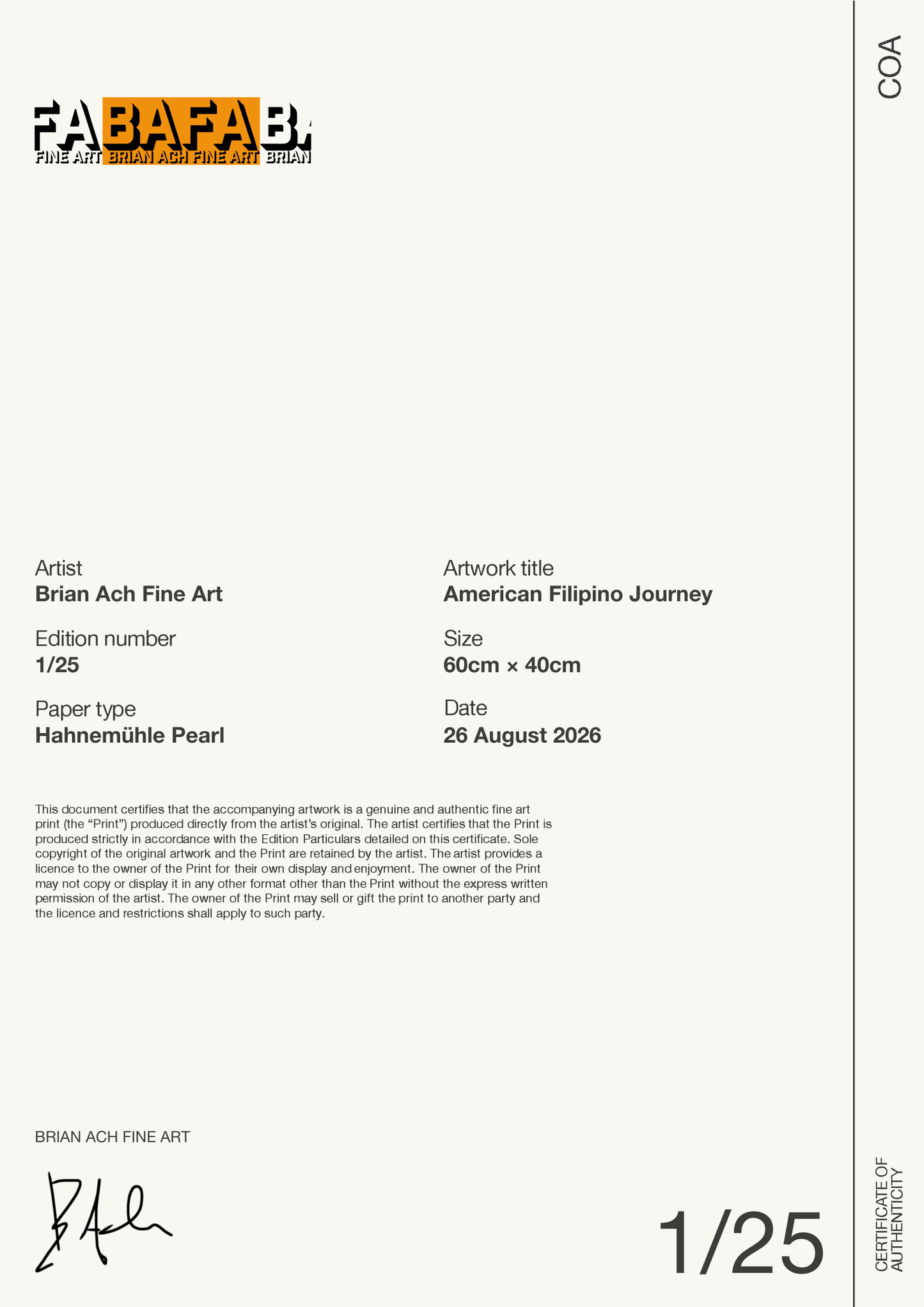 American Filipino Journey — Certificate of Authenticity