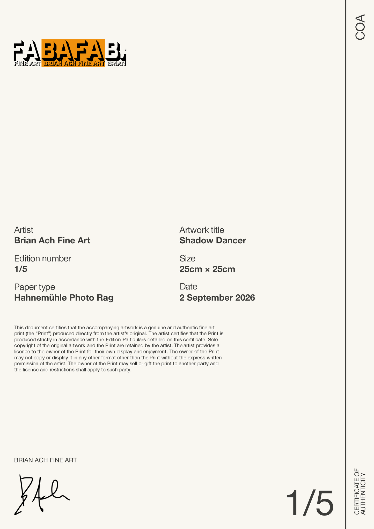 Shadow Dancer — Certificate of Authenticity