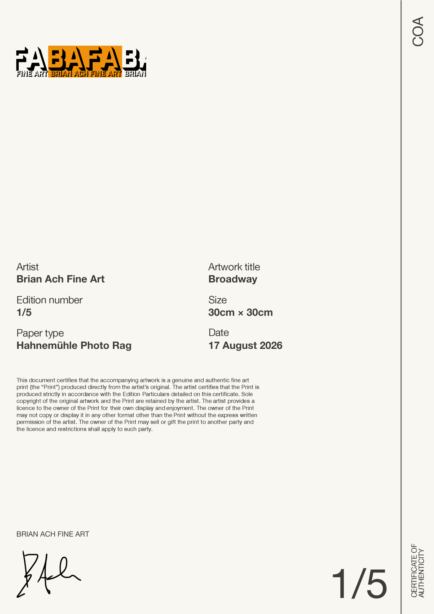 Broadway — Certificate of Authenticity