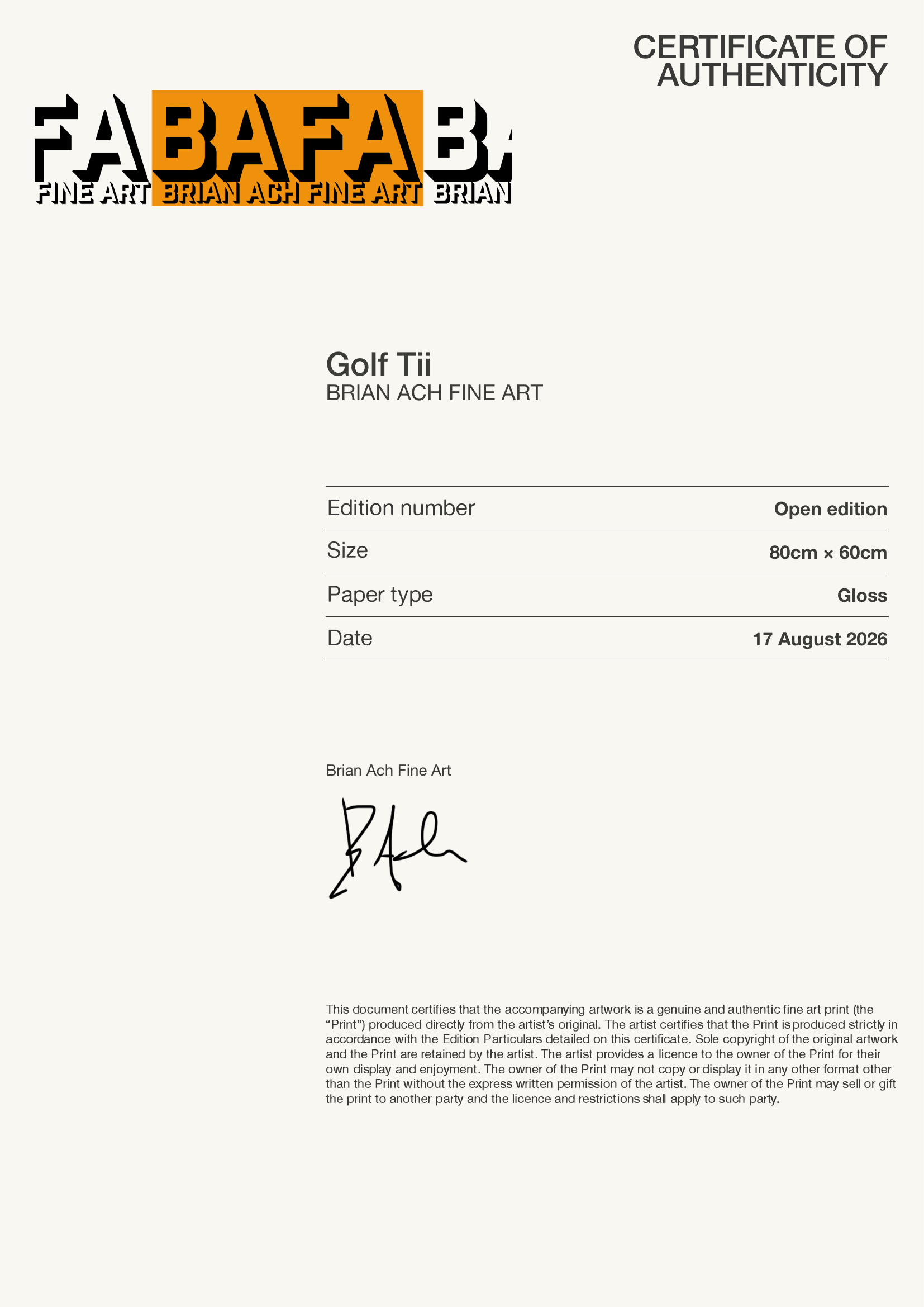 Golf Tii — Certificate of Authenticity